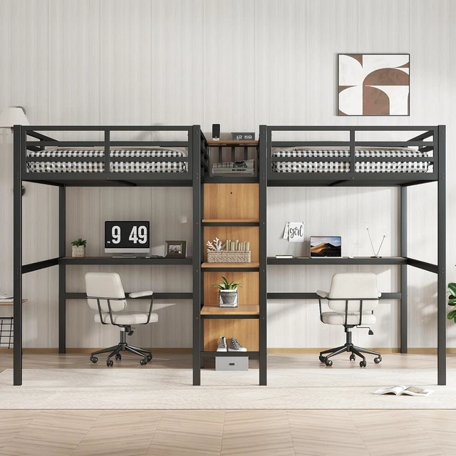Alt view image 3 of 7 - Double Twin Metal Loft Bed with Desk and Wardrobe, Sturdy Dorm Bed with Ladder, Guardrail and Storage Shelves for Teens Shared Room Bedroom Apartment, No Box Spring Needed (Natural Double Twin)