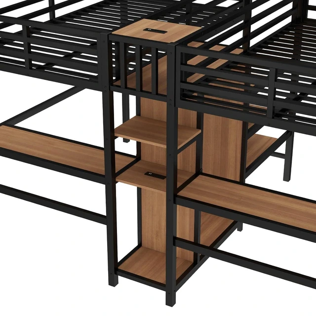 Alt view image 5 of 7 - Double Twin Metal Loft Bed with Desk and Wardrobe, Sturdy Dorm Bed with Ladder, Guardrail and Storage Shelves for Teens Shared Room Bedroom Apartment, No Box Spring Needed (Natural Double Twin)