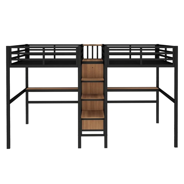 Alt view image 7 of 7 - Double Twin Metal Loft Bed with Desk and Wardrobe, Sturdy Dorm Bed with Ladder, Guardrail and Storage Shelves for Teens Shared Room Bedroom Apartment, No Box Spring Needed (Natural Double Twin)