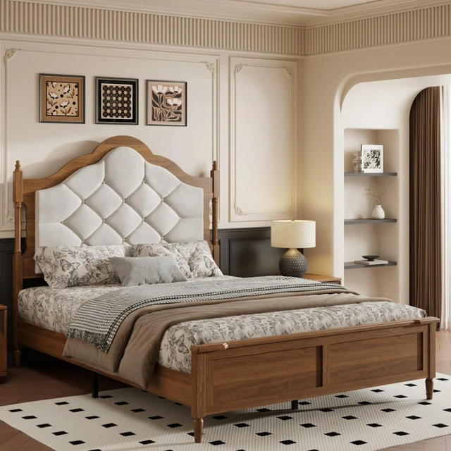 Main image of Hassyee Queen/Full Size Platform Bed with Upholstered Headboard and Footboard, Mid Century Panel Bed Mattress Foundation with Wooden Slat Support for Guest Room Apartment Bedroom (Brown Queen)