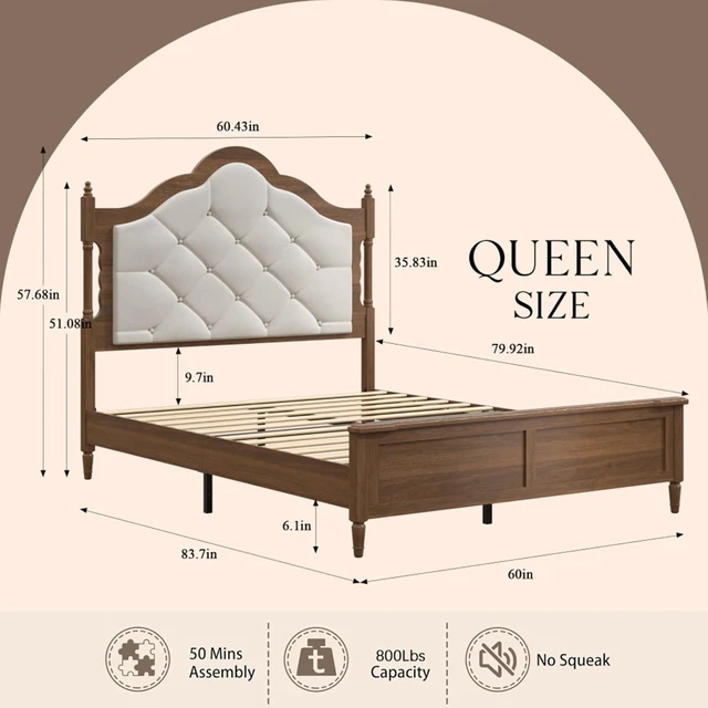 Alt view image 2 of 7 - Hassyee Queen/Full Size Platform Bed with Upholstered Headboard and Footboard, Mid Century Panel Bed Mattress Foundation with Wooden Slat Support for Guest Room Apartment Bedroom (Brown Queen)