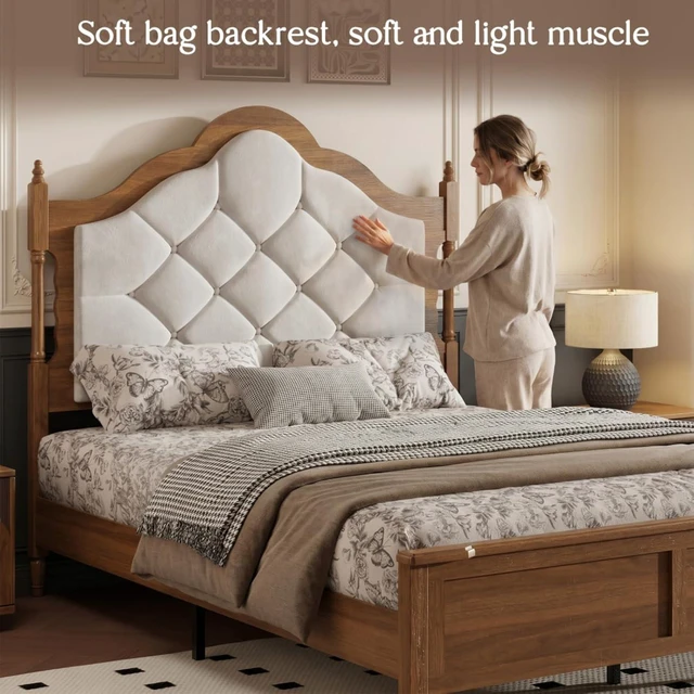 Alt view image 6 of 7 - Hassyee Queen/Full Size Platform Bed with Upholstered Headboard and Footboard, Mid Century Panel Bed Mattress Foundation with Wooden Slat Support for Guest Room Apartment Bedroom (Brown Queen)