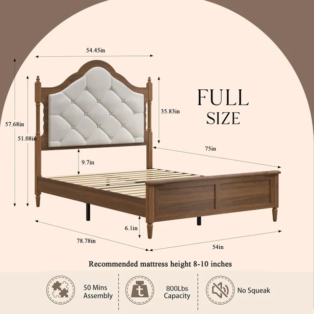 Alt view image 2 of 7 - Hassyee Queen/Full Size Platform Bed with Upholstered Headboard and Footboard, Mid Century Panel Bed Mattress Foundation with Wooden Slat Support for Guest Room Apartment Bedroom (Brown Full)