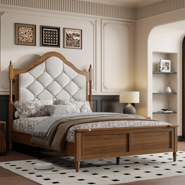 Main image of Hassyee Queen/Full Size Platform Bed with Upholstered Headboard and Footboard, Mid Century Panel Bed Mattress Foundation with Wooden Slat Support for Guest Room Apartment Bedroom (Brown Full)