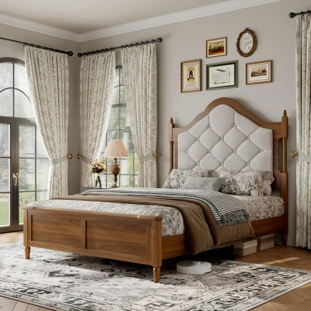 Alt view image 5 of 7 - Hassyee Queen/Full Size Platform Bed with Upholstered Headboard and Footboard, Mid Century Panel Bed Mattress Foundation with Wooden Slat Support for Guest Room Apartment Bedroom (Brown Full)