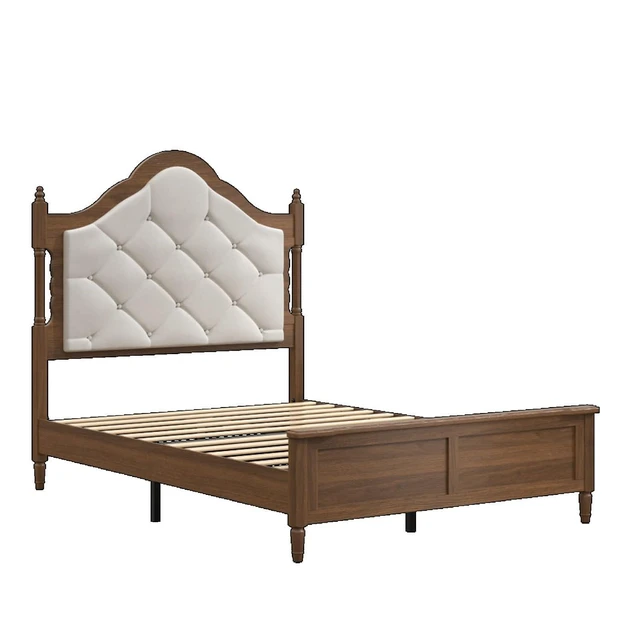 Alt view image 7 of 7 - Hassyee Queen/Full Size Platform Bed with Upholstered Headboard and Footboard, Mid Century Panel Bed Mattress Foundation with Wooden Slat Support for Guest Room Apartment Bedroom (Brown Full)