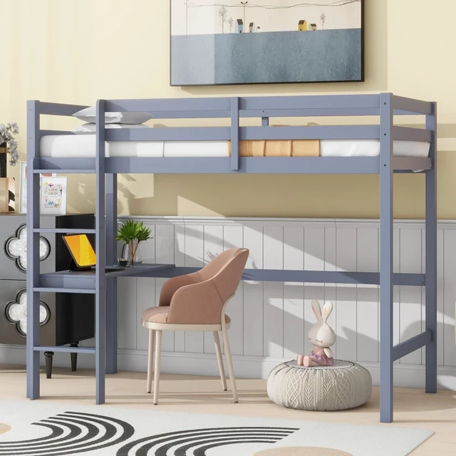 Main image of Twin Size Wood Loft Bed with Safety Guardrail, Built-in Desk and Ladder, Elegant Dorm Bed with Slat Support, Corner Beds or Teens Guest Room Apartment Bedroom, No Box Spring Needed (Grey Twin)