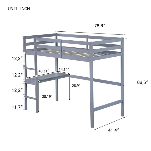 Alt view image 2 of 7 - Twin Size Wood Loft Bed with Safety Guardrail, Built-in Desk and Ladder, Elegant Dorm Bed with Slat Support, Corner Beds or Teens Guest Room Apartment Bedroom, No Box Spring Needed (Grey Twin)