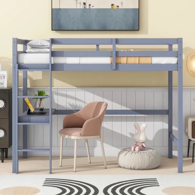 Alt view image 3 of 7 - Twin Size Wood Loft Bed with Safety Guardrail, Built-in Desk and Ladder, Elegant Dorm Bed with Slat Support, Corner Beds or Teens Guest Room Apartment Bedroom, No Box Spring Needed (Grey Twin)