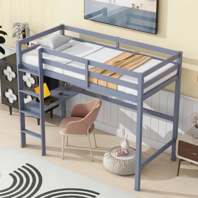 Alt view image 4 of 7 - Twin Size Wood Loft Bed with Safety Guardrail, Built-in Desk and Ladder, Elegant Dorm Bed with Slat Support, Corner Beds or Teens Guest Room Apartment Bedroom, No Box Spring Needed (Grey Twin)