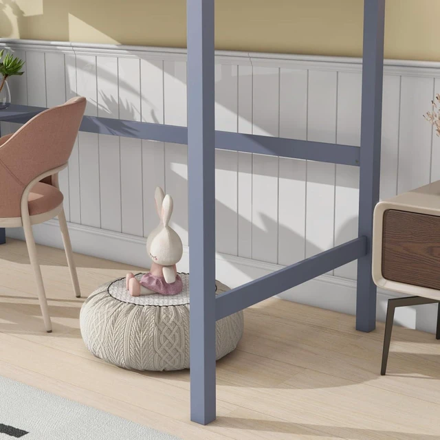 Alt view image 5 of 7 - Twin Size Wood Loft Bed with Safety Guardrail, Built-in Desk and Ladder, Elegant Dorm Bed with Slat Support, Corner Beds or Teens Guest Room Apartment Bedroom, No Box Spring Needed (Grey Twin)