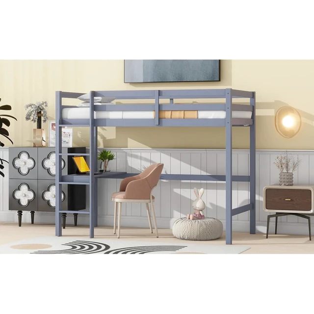Alt view image 7 of 7 - Twin Size Wood Loft Bed with Safety Guardrail, Built-in Desk and Ladder, Elegant Dorm Bed with Slat Support, Corner Beds or Teens Guest Room Apartment Bedroom, No Box Spring Needed (Grey Twin)