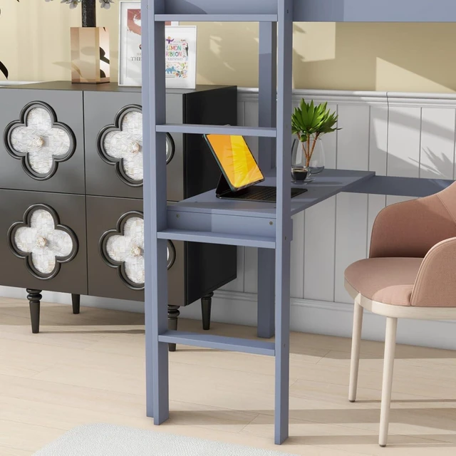 Alt view image 6 of 7 - Twin Size Wood Loft Bed with Safety Guardrail, Built-in Desk and Ladder, Elegant Dorm Bed with Slat Support, Corner Beds or Teens Guest Room Apartment Bedroom, No Box Spring Needed (Grey Twin)
