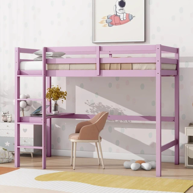 Main image of Twin Size Wood Loft Bed with Safety Guardrail, Built-in Desk and Ladder, Elegant Dorm Bed with Slat Support, Corner Beds or Teens Guest Room Apartment Bedroom, No Box Spring Needed (Pink Twin)