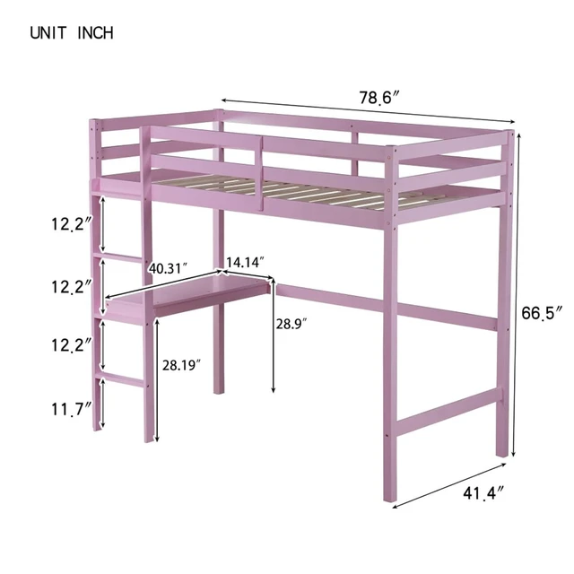 Alt view image 2 of 7 - Twin Size Wood Loft Bed with Safety Guardrail, Built-in Desk and Ladder, Elegant Dorm Bed with Slat Support, Corner Beds or Teens Guest Room Apartment Bedroom, No Box Spring Needed (Pink Twin)