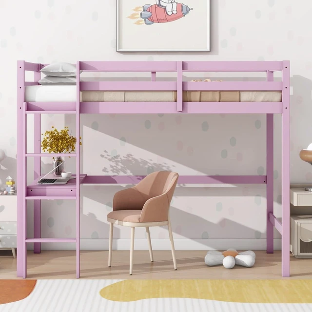Alt view image 3 of 7 - Twin Size Wood Loft Bed with Safety Guardrail, Built-in Desk and Ladder, Elegant Dorm Bed with Slat Support, Corner Beds or Teens Guest Room Apartment Bedroom, No Box Spring Needed (Pink Twin)