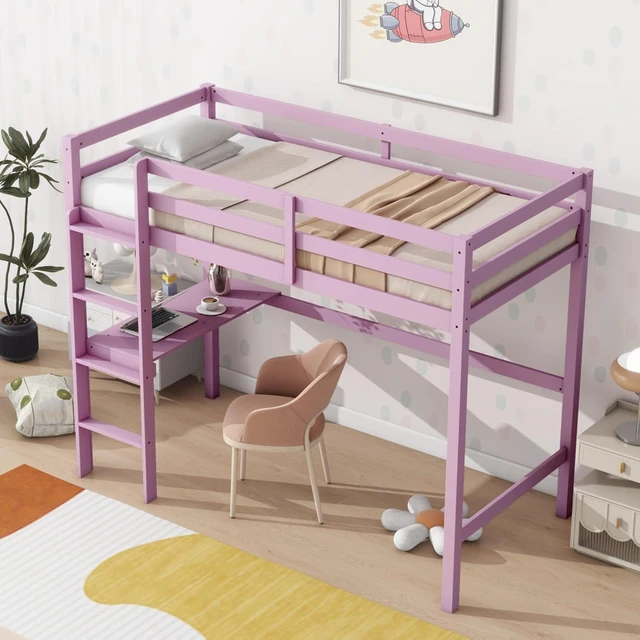 Alt view image 4 of 7 - Twin Size Wood Loft Bed with Safety Guardrail, Built-in Desk and Ladder, Elegant Dorm Bed with Slat Support, Corner Beds or Teens Guest Room Apartment Bedroom, No Box Spring Needed (Pink Twin)