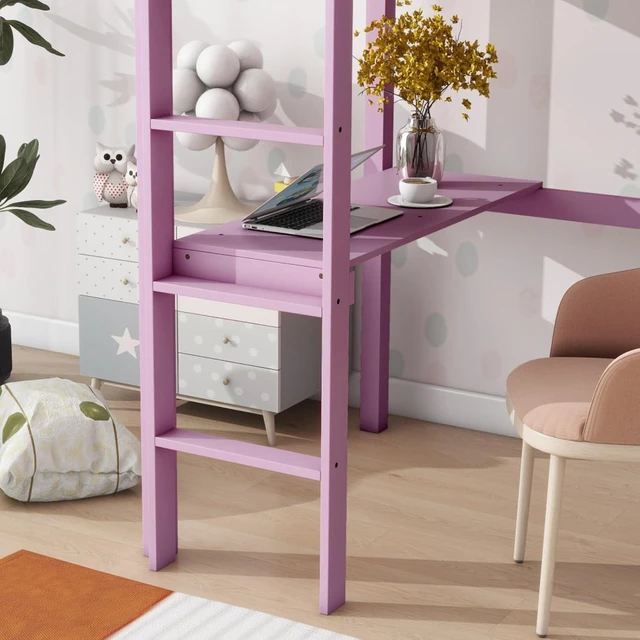 Alt view image 5 of 7 - Twin Size Wood Loft Bed with Safety Guardrail, Built-in Desk and Ladder, Elegant Dorm Bed with Slat Support, Corner Beds or Teens Guest Room Apartment Bedroom, No Box Spring Needed (Pink Twin)