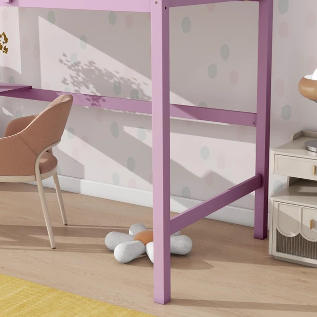 Alt view image 6 of 7 - Twin Size Wood Loft Bed with Safety Guardrail, Built-in Desk and Ladder, Elegant Dorm Bed with Slat Support, Corner Beds or Teens Guest Room Apartment Bedroom, No Box Spring Needed (Pink Twin)