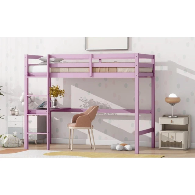 Alt view image 7 of 7 - Twin Size Wood Loft Bed with Safety Guardrail, Built-in Desk and Ladder, Elegant Dorm Bed with Slat Support, Corner Beds or Teens Guest Room Apartment Bedroom, No Box Spring Needed (Pink Twin)