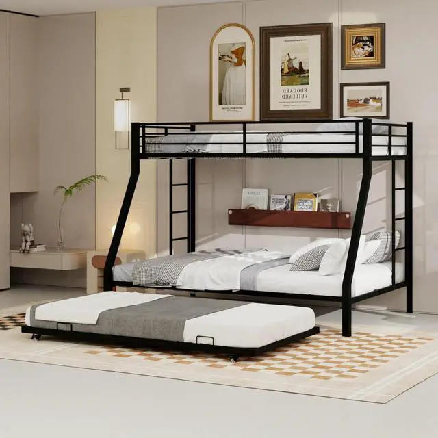 Main image of Metal Triple Bunk Bed with Pull-Out Trundle and Slat Support, Heavy-Duty Steel Dorm Bed with Safety Guardrails and Ladders, Ideal for Teens Guest Room Apartment Bedroom (Black Twin-XL Over Queen)