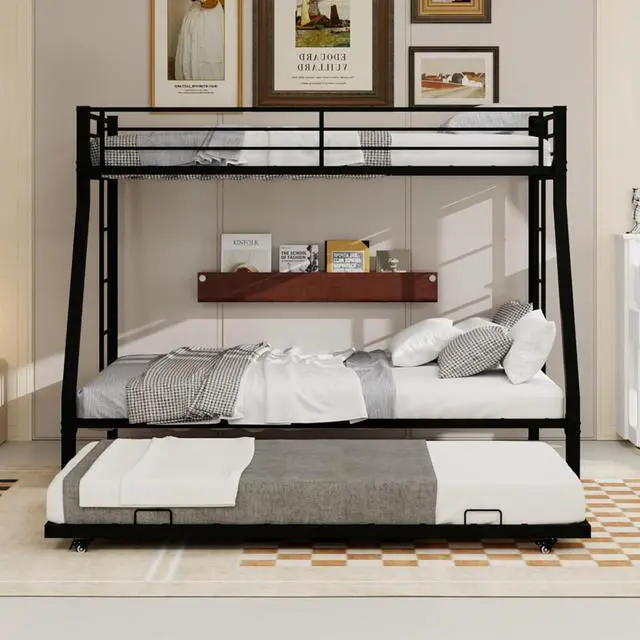 Alt view image 2 of 7 - Metal Triple Bunk Bed with Pull-Out Trundle and Slat Support, Heavy-Duty Steel Dorm Bed with Safety Guardrails and Ladders, Ideal for Teens Guest Room Apartment Bedroom (Black Twin-XL Over Queen)