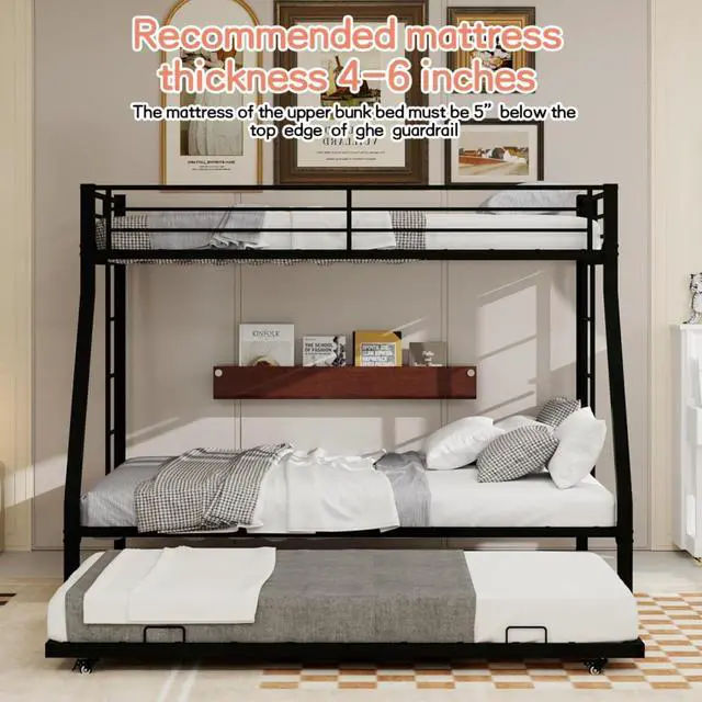 Alt view image 4 of 7 - Metal Triple Bunk Bed with Pull-Out Trundle and Slat Support, Heavy-Duty Steel Dorm Bed with Safety Guardrails and Ladders, Ideal for Teens Guest Room Apartment Bedroom (Black Twin-XL Over Queen)