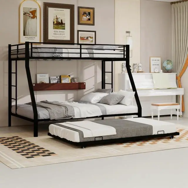 Alt view image 3 of 7 - Metal Triple Bunk Bed with Pull-Out Trundle and Slat Support, Heavy-Duty Steel Dorm Bed with Safety Guardrails and Ladders, Ideal for Teens Guest Room Apartment Bedroom (Black Twin-XL Over Queen)