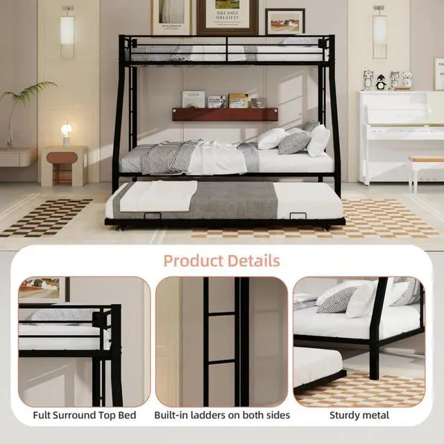 Alt view image 5 of 7 - Metal Triple Bunk Bed with Pull-Out Trundle and Slat Support, Heavy-Duty Steel Dorm Bed with Safety Guardrails and Ladders, Ideal for Teens Guest Room Apartment Bedroom (Black Twin-XL Over Queen)