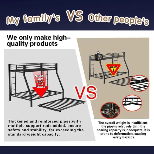 Alt view image 6 of 7 - Metal Triple Bunk Bed with Pull-Out Trundle and Slat Support, Heavy-Duty Steel Dorm Bed with Safety Guardrails and Ladders, Ideal for Teens Guest Room Apartment Bedroom (Black Twin-XL Over Queen)
