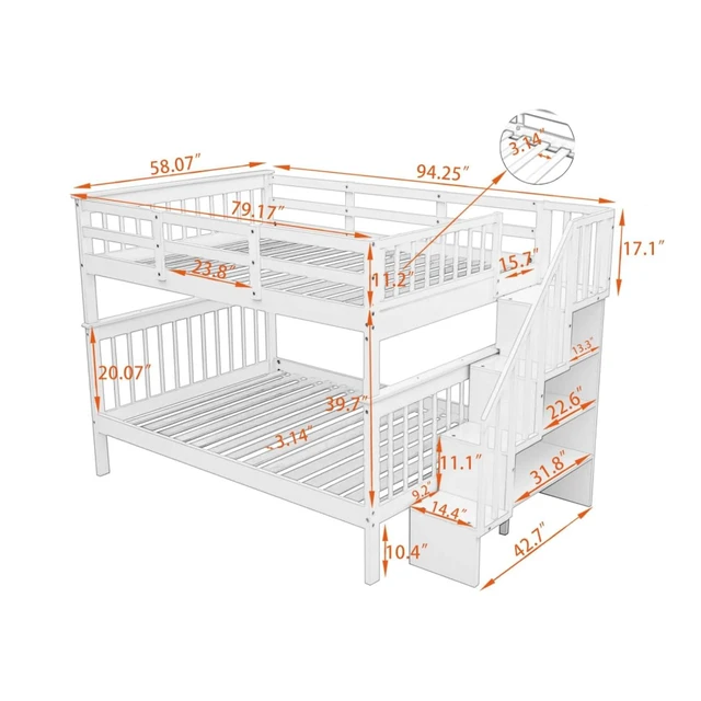 Alt view image 2 of 7 - Hassyee Full Over Full Solid Wood Bunk Bed with Storage Staircase and Guard Rail, Modern Dorm Bed with Slat Support for Boys Girls Teens Shared Room Bedroom Guest Room (White Full Over Full)