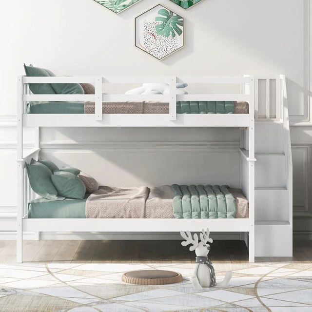 Alt view image 3 of 7 - Hassyee Full Over Full Solid Wood Bunk Bed with Storage Staircase and Guard Rail, Modern Dorm Bed with Slat Support for Boys Girls Teens Shared Room Bedroom Guest Room (White Full Over Full)