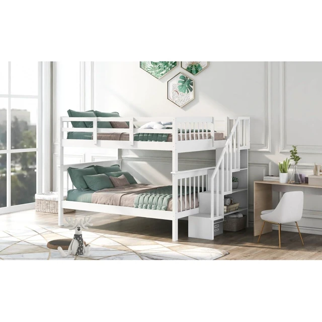 Alt view image 4 of 7 - Hassyee Full Over Full Solid Wood Bunk Bed with Storage Staircase and Guard Rail, Modern Dorm Bed with Slat Support for Boys Girls Teens Shared Room Bedroom Guest Room (White Full Over Full)