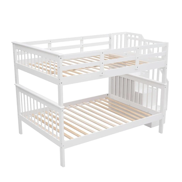 Alt view image 6 of 7 - Hassyee Full Over Full Solid Wood Bunk Bed with Storage Staircase and Guard Rail, Modern Dorm Bed with Slat Support for Boys Girls Teens Shared Room Bedroom Guest Room (White Full Over Full)