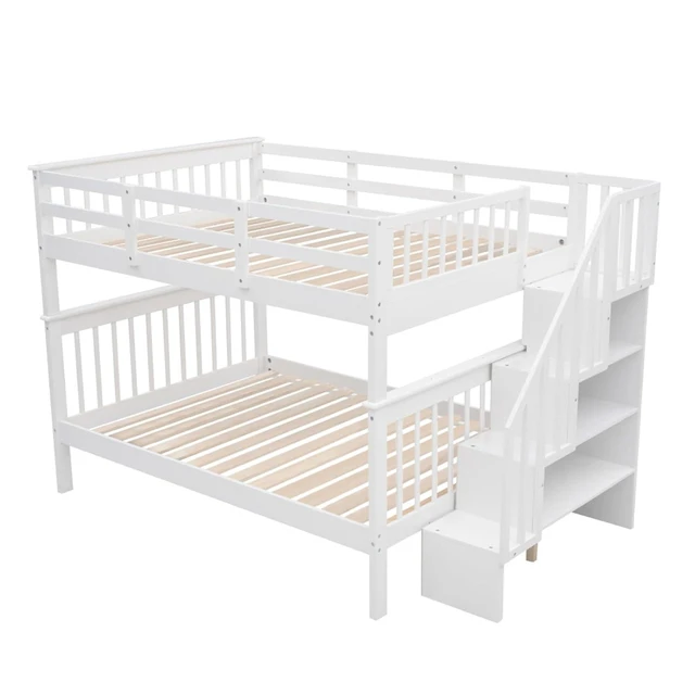 Alt view image 7 of 7 - Hassyee Full Over Full Solid Wood Bunk Bed with Storage Staircase and Guard Rail, Modern Dorm Bed with Slat Support for Boys Girls Teens Shared Room Bedroom Guest Room (White Full Over Full)