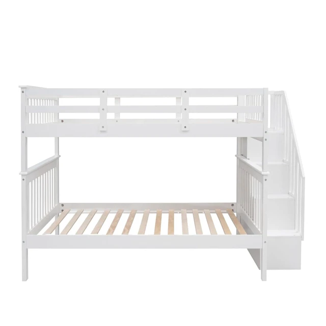 Alt view image 5 of 7 - Hassyee Full Over Full Solid Wood Bunk Bed with Storage Staircase and Guard Rail, Modern Dorm Bed with Slat Support for Boys Girls Teens Shared Room Bedroom Guest Room (White Full Over Full)