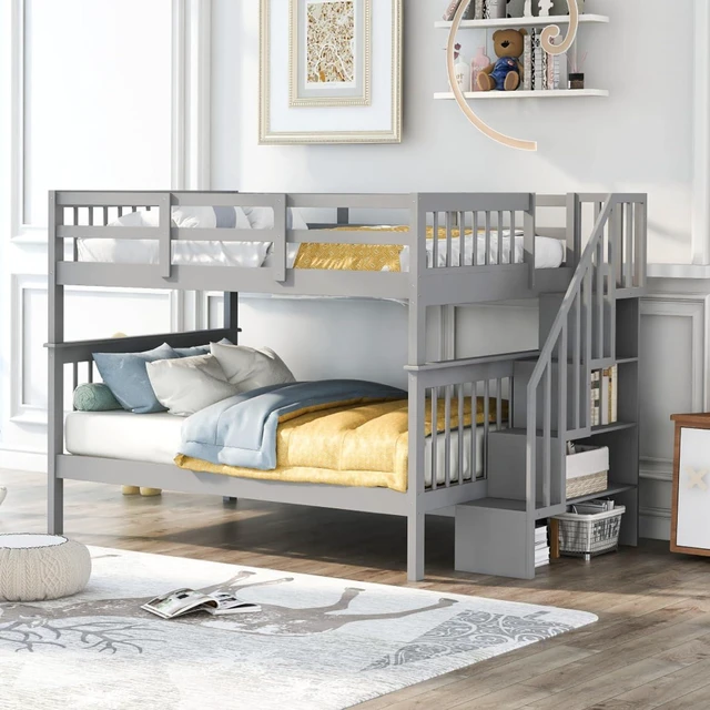 Main image of Hassyee Full Over Full Solid Wood Bunk Bed with Storage Staircase and Guard Rail, Modern Dorm Bed with Slat Support for Boys Girls Teens Shared Room Bedroom Guest Room (Gray Full Over Full)