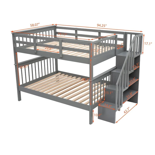 Alt view image 2 of 7 - Hassyee Full Over Full Solid Wood Bunk Bed with Storage Staircase and Guard Rail, Modern Dorm Bed with Slat Support for Boys Girls Teens Shared Room Bedroom Guest Room (Gray Full Over Full)