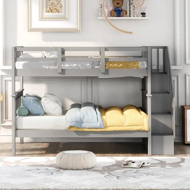 Alt view image 3 of 7 - Hassyee Full Over Full Solid Wood Bunk Bed with Storage Staircase and Guard Rail, Modern Dorm Bed with Slat Support for Boys Girls Teens Shared Room Bedroom Guest Room (Gray Full Over Full)