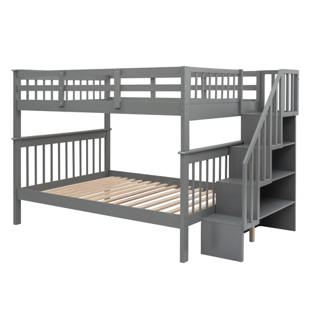 Alt view image 5 of 7 - Hassyee Full Over Full Solid Wood Bunk Bed with Storage Staircase and Guard Rail, Modern Dorm Bed with Slat Support for Boys Girls Teens Shared Room Bedroom Guest Room (Gray Full Over Full)
