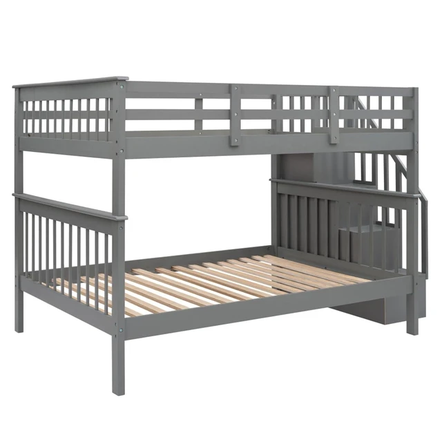 Alt view image 6 of 7 - Hassyee Full Over Full Solid Wood Bunk Bed with Storage Staircase and Guard Rail, Modern Dorm Bed with Slat Support for Boys Girls Teens Shared Room Bedroom Guest Room (Gray Full Over Full)