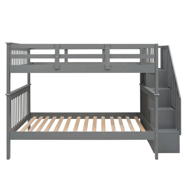 Alt view image 4 of 7 - Hassyee Full Over Full Solid Wood Bunk Bed with Storage Staircase and Guard Rail, Modern Dorm Bed with Slat Support for Boys Girls Teens Shared Room Bedroom Guest Room (Gray Full Over Full)