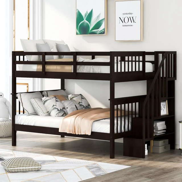 Main image of Hassyee Full Over Full Solid Wood Bunk Bed with Storage Staircase and Guard Rail, Modern Dorm Bed with Slat Support for Boys Girls Teens Shared Room Bedroom Guest Room (Espresso Full Over Full)