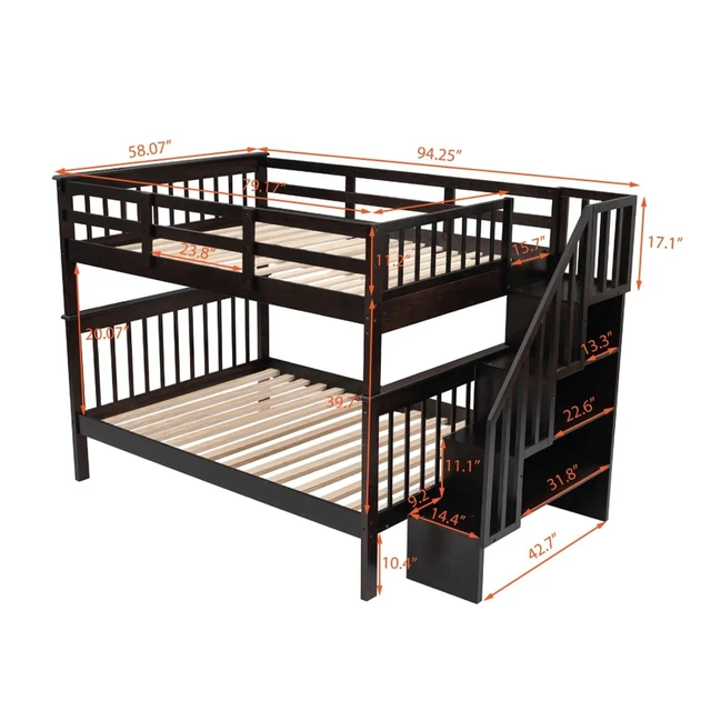 Alt view image 2 of 7 - Hassyee Full Over Full Solid Wood Bunk Bed with Storage Staircase and Guard Rail, Modern Dorm Bed with Slat Support for Boys Girls Teens Shared Room Bedroom Guest Room (Espresso Full Over Full)