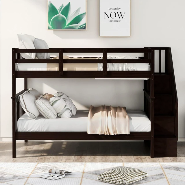 Alt view image 3 of 7 - Hassyee Full Over Full Solid Wood Bunk Bed with Storage Staircase and Guard Rail, Modern Dorm Bed with Slat Support for Boys Girls Teens Shared Room Bedroom Guest Room (Espresso Full Over Full)