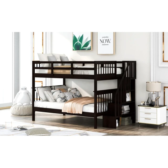Alt view image 4 of 7 - Hassyee Full Over Full Solid Wood Bunk Bed with Storage Staircase and Guard Rail, Modern Dorm Bed with Slat Support for Boys Girls Teens Shared Room Bedroom Guest Room (Espresso Full Over Full)