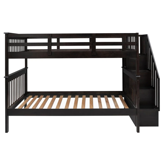 Alt view image 5 of 7 - Hassyee Full Over Full Solid Wood Bunk Bed with Storage Staircase and Guard Rail, Modern Dorm Bed with Slat Support for Boys Girls Teens Shared Room Bedroom Guest Room (Espresso Full Over Full)