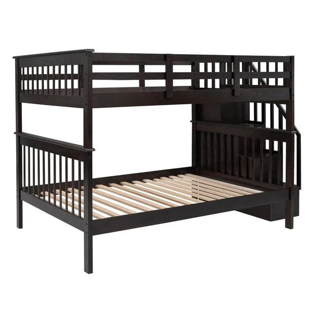 Alt view image 6 of 7 - Hassyee Full Over Full Solid Wood Bunk Bed with Storage Staircase and Guard Rail, Modern Dorm Bed with Slat Support for Boys Girls Teens Shared Room Bedroom Guest Room (Espresso Full Over Full)
