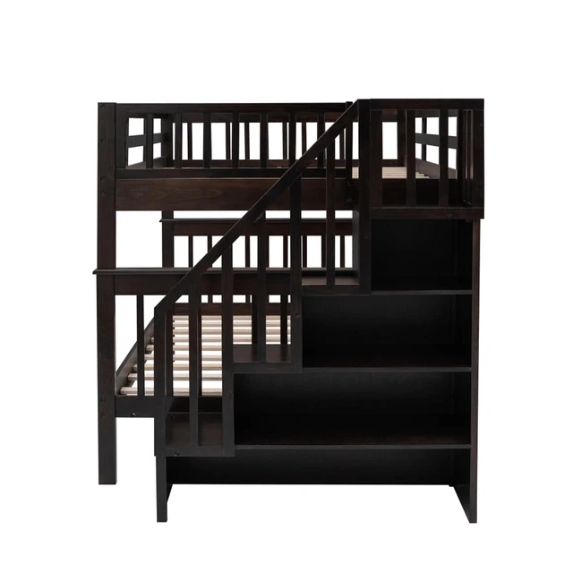 Alt view image 7 of 7 - Hassyee Full Over Full Solid Wood Bunk Bed with Storage Staircase and Guard Rail, Modern Dorm Bed with Slat Support for Boys Girls Teens Shared Room Bedroom Guest Room (Espresso Full Over Full)