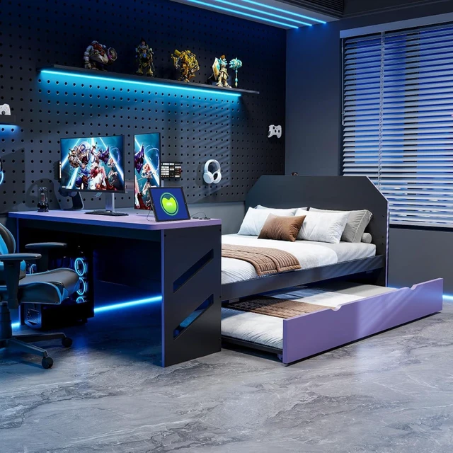 Main image of Hassyee Full Size Wooden Daybed with Pull-Out Trundle, Modern Platform Bed with USB Port and Slat Support, Sofa Beds with Desk for Boys Girls Teens Gaming Room Guest Room Bedroom (Purple Full)